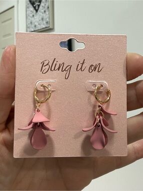 Pink Floral Drop Hoop gold tone Earrings